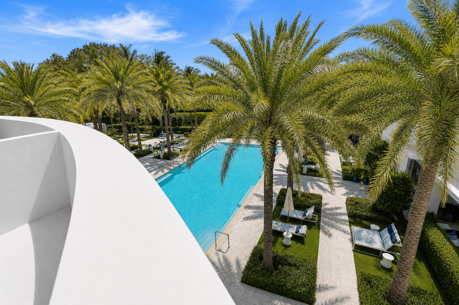 A pool surrounded by palm trees and a white building.